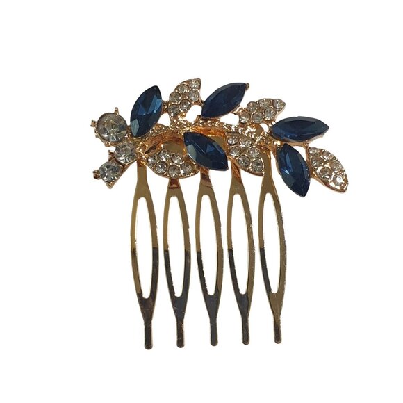 Gold Hair Comb Rhinestone Blue Crystal Leaf Decorative Accessories Elegant Gift - Picture 1 of 3